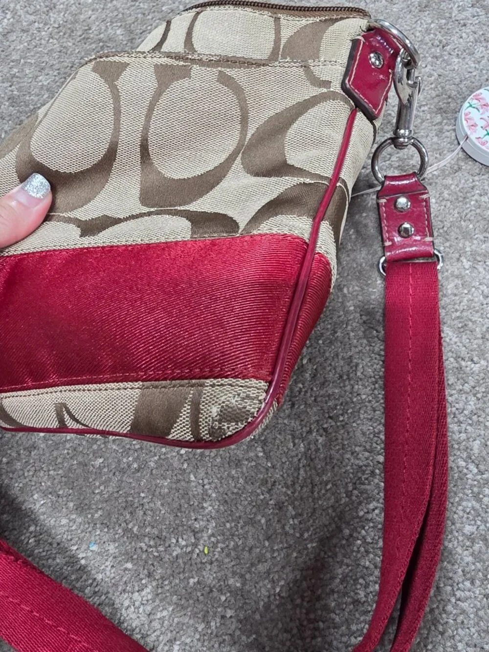 Coach Signature Swingpack Crossbody Bag Khaki & Red Adjustable Strap - Picture 11 of 11